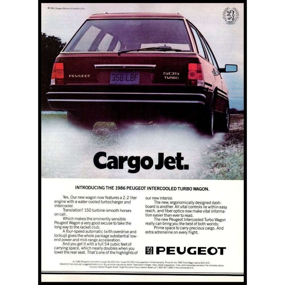 1986 Peugeot 505 Turbo Wagon Vintage Print Ad Turbo Jet Wall Art Photo